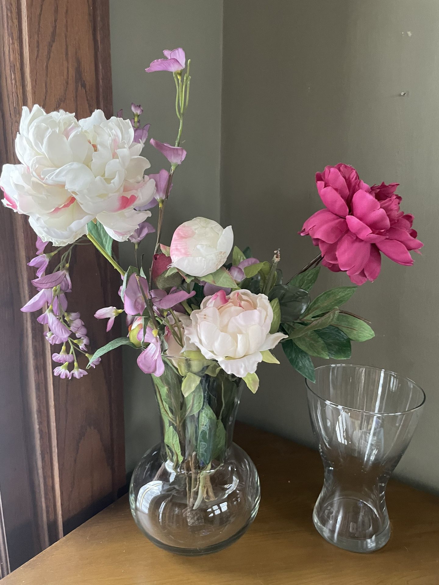 2 Glass Flower Vases 10” H x 6" W & 8” H x 5.5” W
