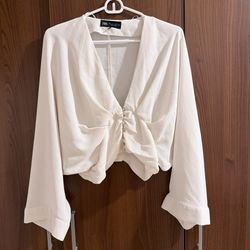Zara Cream Ruched Front V-Neck Long Sleeve Blouse