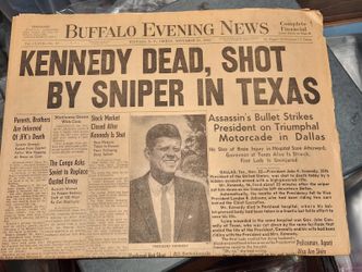 Historic Buffalo Evening News Newspaper - Kennedy Dead, Shot by Sniper in Texas,