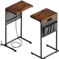 C Shaped End Table with Charging Station Set of 2, Small Side Table with Storage Bag for Couch and Recliner, Slide Under Sofa Tray for Living Room, Be