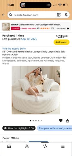 55" Oversized Round Chaise Lounge Chair White