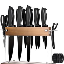 Kitchen Knife Set with Block 15 pcs, Black Knife Set with Block and Sharpener, Sharp Knife Block Set with Wood Acrylic Stand, Stainless Steel Knives s