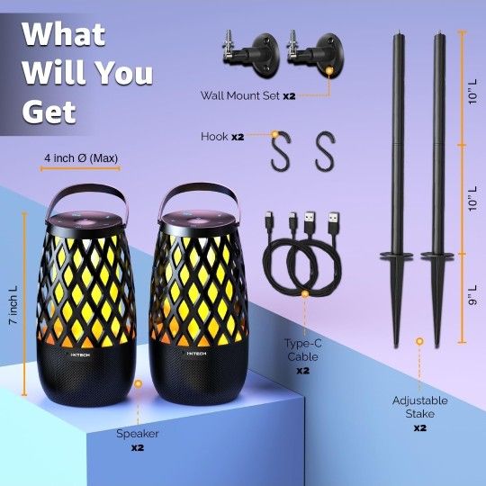 Outdoor Bluetooth Speaker Waterproof Wireless Portable Speaker with LED Flame Lights Linkable Torch Lantern for Party Pool Camping Halloween Christmas