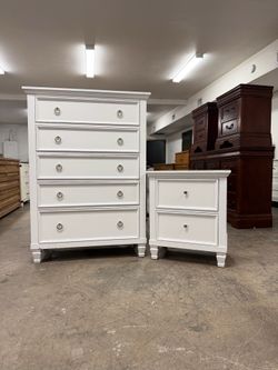 Tall White 5 Drawer Dresser Chest & 1 Nightstand