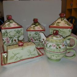 5 Pieces, Canister Set, Tea Pot And Butter Dish, Mint Condition.
