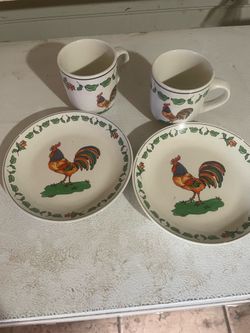 rooster, coffee, mug, and saucer set of two 🥰see pictures for beauty.
