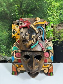 Mayan Aztec Mask 3D Hand-Carved Hand Painted Wood Tribal Ceremony Mask