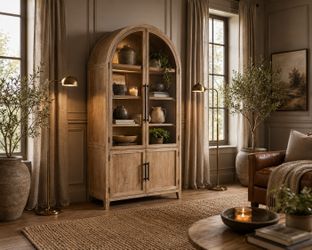 Modern Farmhouse Natural Finish Arched Cabinet Glass Doors Storage Gabinete