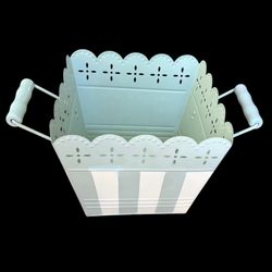 Charming Mint Green & White Striped Metal Basket with Handles – Eyelet Scalloped Trim