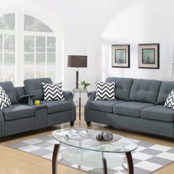 BLUE GREY SOFA AND LOVESEAT WITH USB CONSOLE