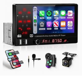Single DIN Touch Screen Car Stereo with Wireless CarPlay Android Auto Mirror Link, Bluetooth Car Radio 5.5” Single Din Carplay Radio with Backup Camer