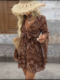 Brillora Holiday Woven Printed V- Neck Front-Tie Jumpsuit Dress With Bell Sleeves For Women, Casual Women Dresses