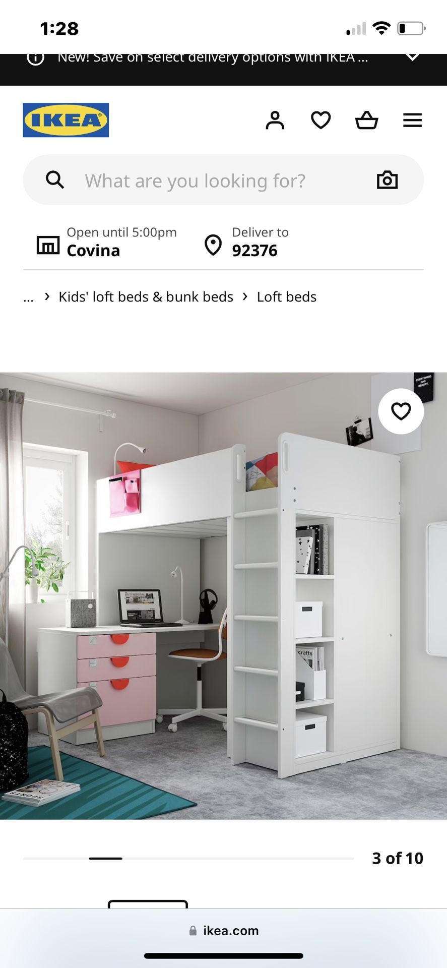 Loft Bed, White Pale Pink /with Desk With 4 Drawers  Twin