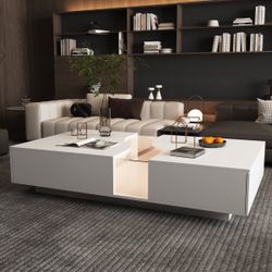 55.1 inches Modern Minimalist White Coffee Tabl e With Light And Glass Finish In The Middle