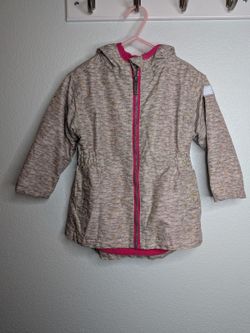 Hatley Girls Rain Jacket Size 3 Gray Heather Multicolor Hearts Pink Fleece Lined