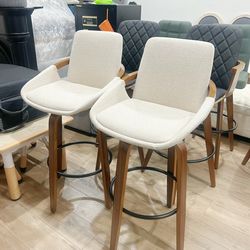 29.5" Bar Height Barstools Set of 2,Mid Century Modern Retro Bar Chairs Charcoal Beige Linen Look Fabric Upholstered and Walnut Wood Fram