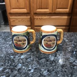 Vintage Mugs Souvenir New Jersey Turnpike Salt & Pepper Shaker Set.  Preowned With Cork Stoppers.  Japan 