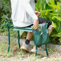 Folding Garden Kneeler Bench Seat w/Kneeling Pad and Tool Pouch