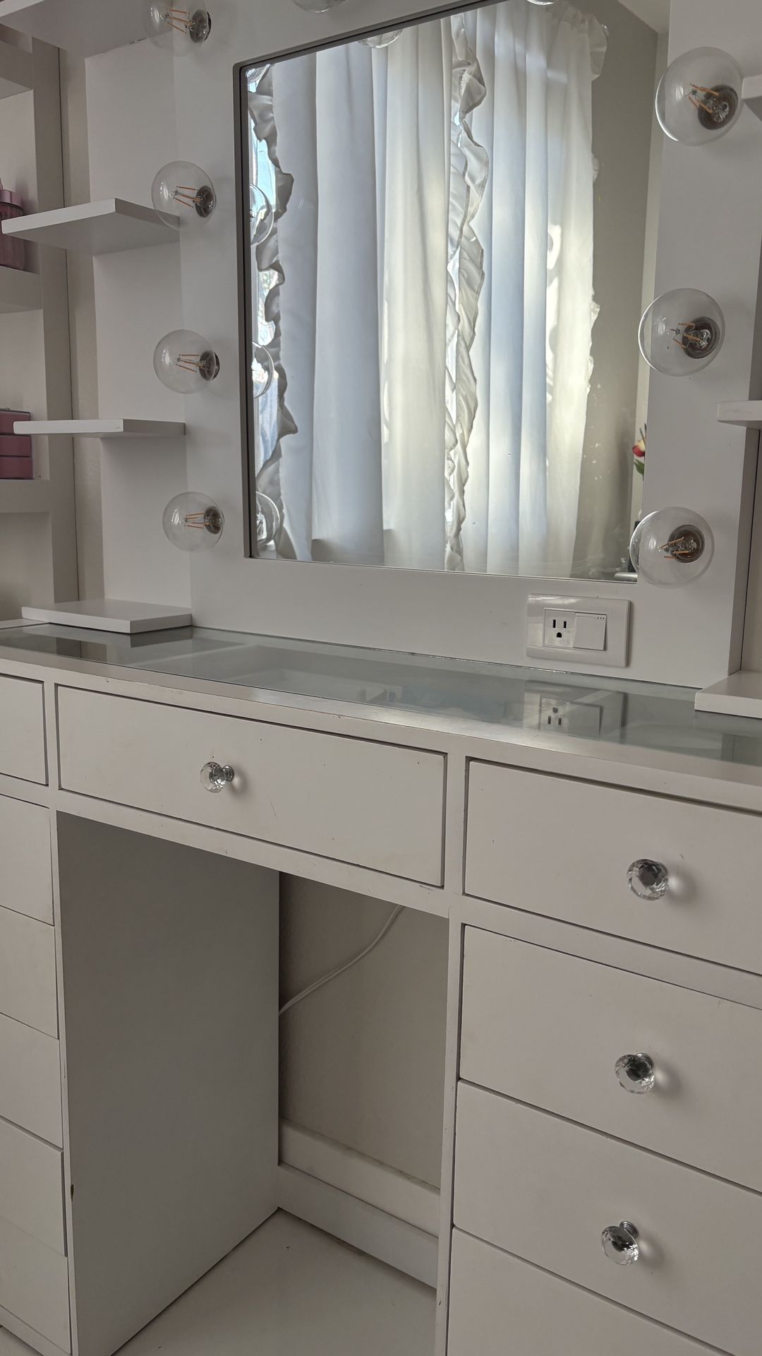 White Vanity With Hollywood Mirror & Shelves