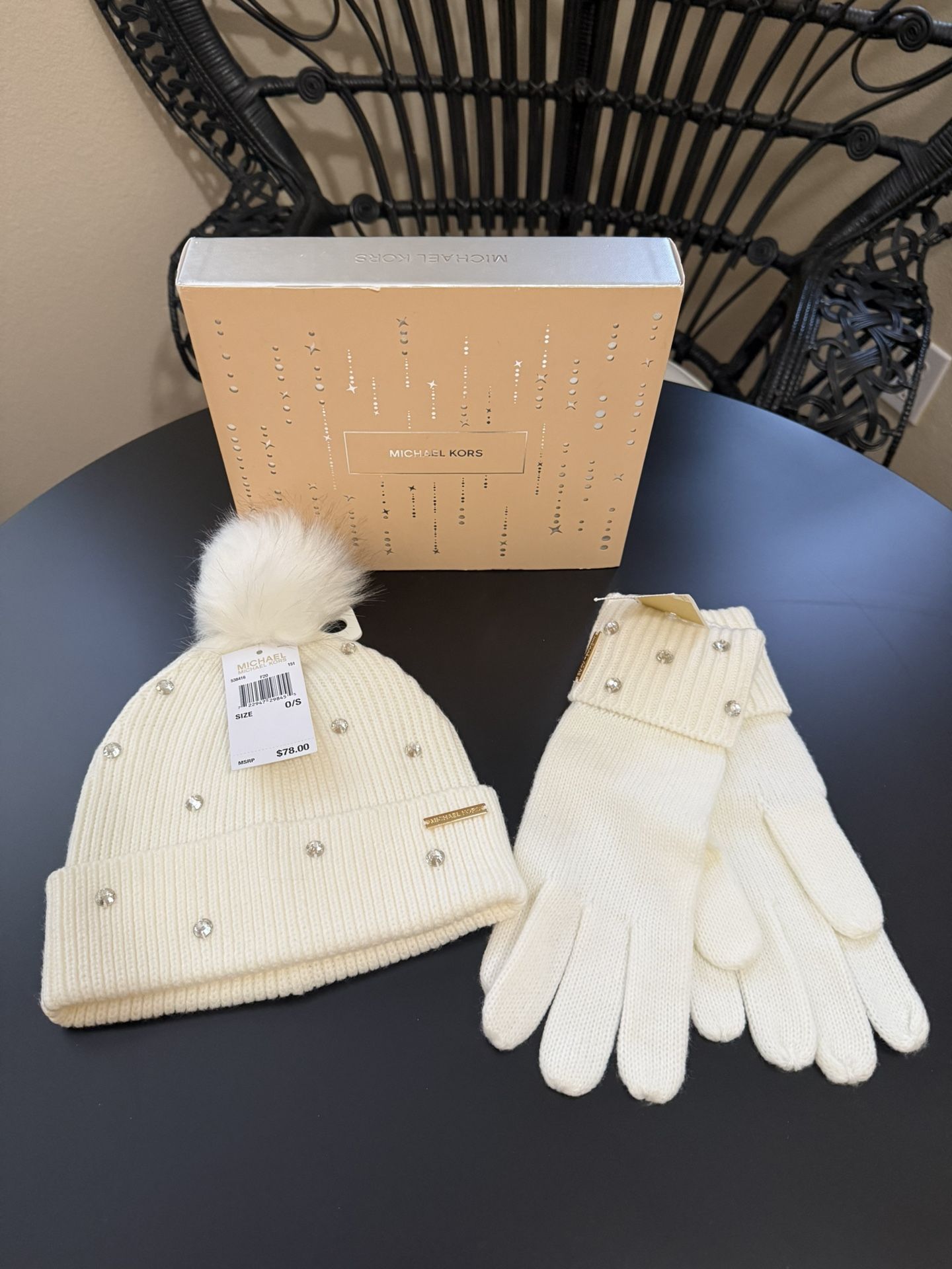 Michael Kors White Beanie and Glove Set with Pom Pom