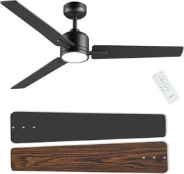 52 Inch Black Ceiling Fan with Light Remote, Reversible DC Motor, High CFM Quiet,Quiet, Dimmable 3-color temperature LED, 3-blade design, modern indoo