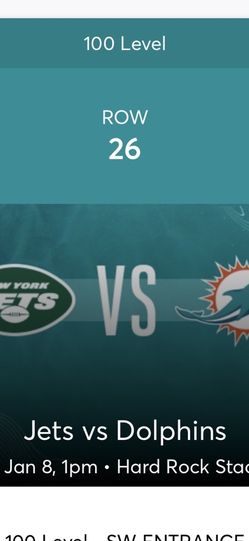 2 Tickets Jets/Miami Lower Level 