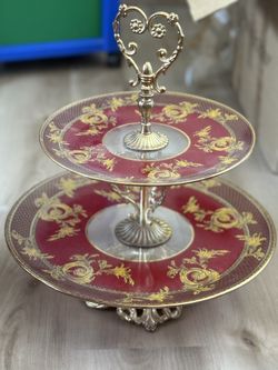 MURANO Art Glass 2-Tier Footed Tray Red/Gold by Decotech Hand Made Italy 