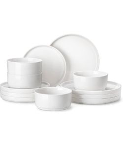 MALACASA 12 Pieces Porcelain Dinnerware Set, Modern White Dish Set for 4, Premium Serving Plates and Bowls Sets, Chip and Scratch Resistant Dishware S