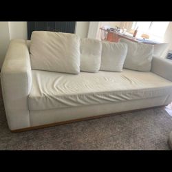 Large Cream Fabric Sofa with Wood Base