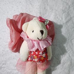 Pink teddy bear dressed hair tie ~ handmade