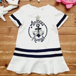 SIZE 6 GIRLS OFF-WHITE & NAVY NAUTICAL DROP-WAIST TUNIC