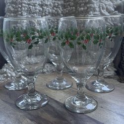 Vtg Libbey Holiday Holly Berry Stemmed Water Goblets Iced Tea Glasses Set 5 