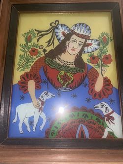 Framed Folk Art Glass Painting with Woman and Lambs