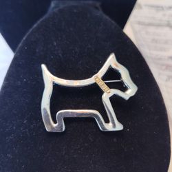 Silvertone Dog Pin / Brooch With Crystal Collar.