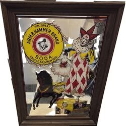 Vintage Arm & Hammer Brand Soda Advertising Mirror w/ Clown, Horse and Logo