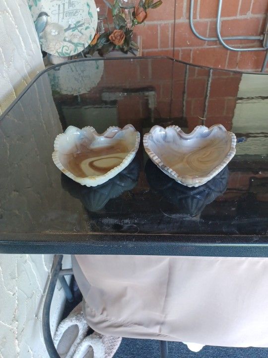 2 Heart Shaped Slag Candy Dishes