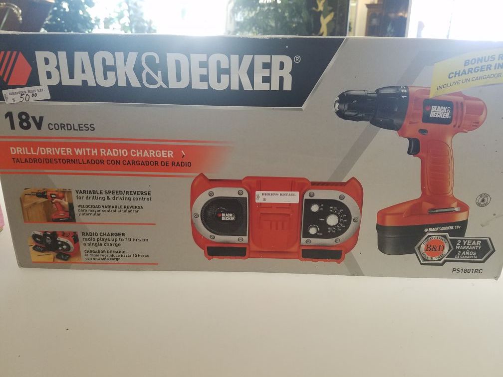 BLACK AND DECKER 18 VOLT CORDLESS DRILL DRIVER WOTH RADIO CHARGER BRAND NEW IN THE BOX. 50 DOLLARS
