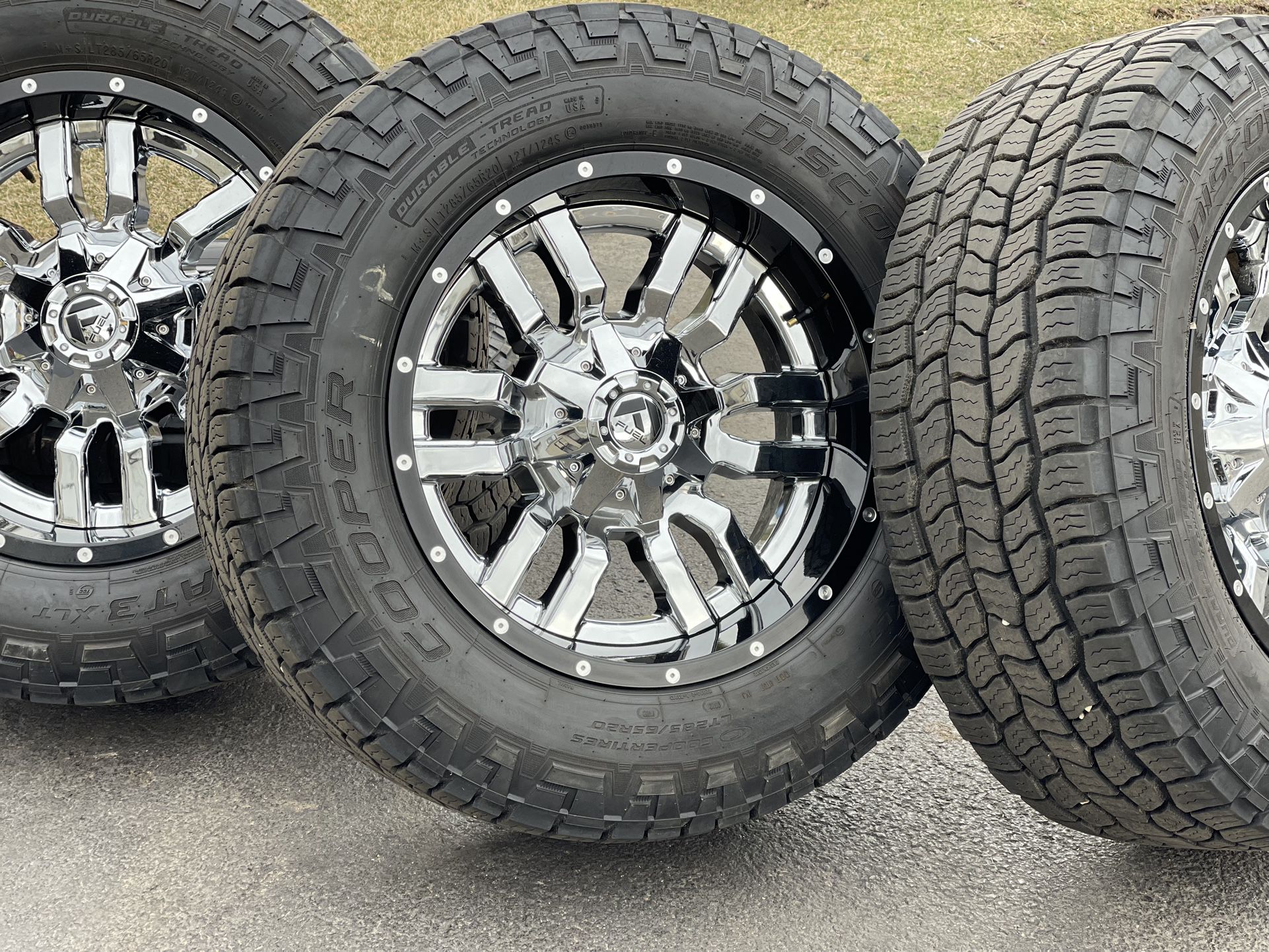 20” Fuel Rims Chrome 8x180 wheels Chevy 2500 Silverado GMC Sierra Denali 3500HD 285/65R20 Tires Cooper A/T 10ply