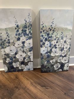 Blue and White Floral Canvas Wall Art Set of 2