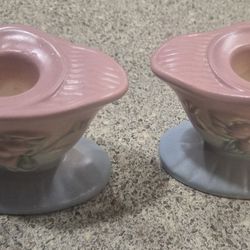 Hull Art Pottery Pink & Blue Wildflower pattern Candle stick Holders
