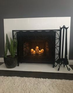 Black Mesh Metal Fireplace Screen Cover Freestanding Single Panel Iron Circles