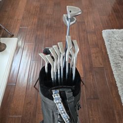 Lefty Ping Eye2 black dot Irons, Big Bertha driver, 3 wood and Monza putter with Ping Golf Bag