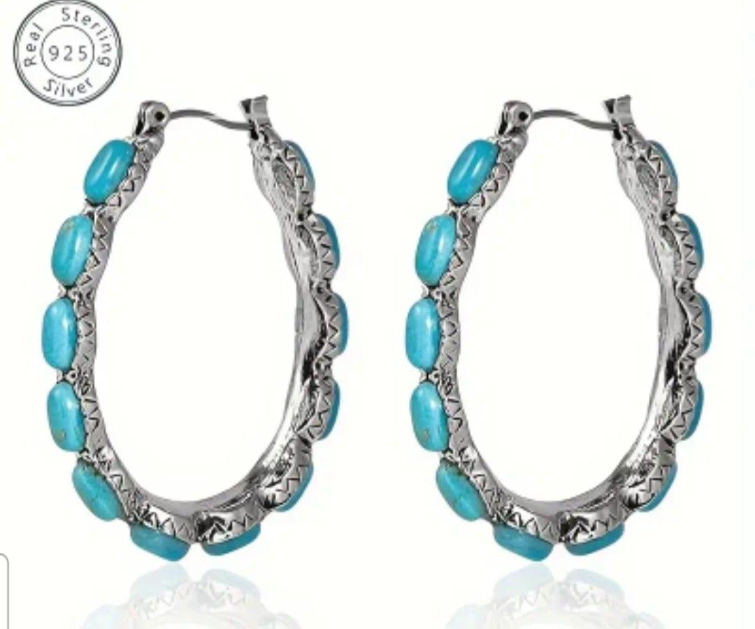 925 Sterling Silver Turquoise 1.32ct Hoop Earrings for Engagement or Special Occasions 