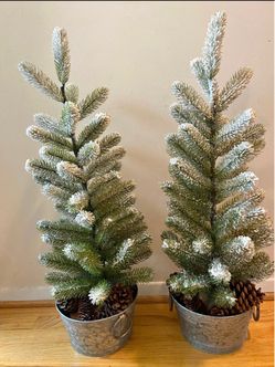 Set of 2 Flocked Artificial Christmas Trees with Galvanized Pots