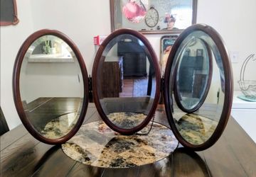 Antique Oval Shape Mahogany Tri-Fold Beveled Mirror-Wall Mount