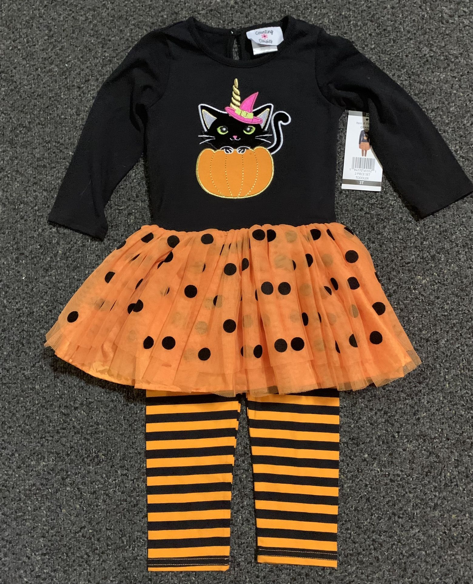 New Counting Daisies girl size 3T artsy 2 piece embroidered felt black cat unicorn with felt polka dot tulle dress striped leggings Halloween outfit