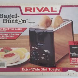 Rival Extra-Wide Slot Bagel Botton Toaster.
Button Select Switch. Bagels: toasts cut side of bagel. Uncut side stay soft and 