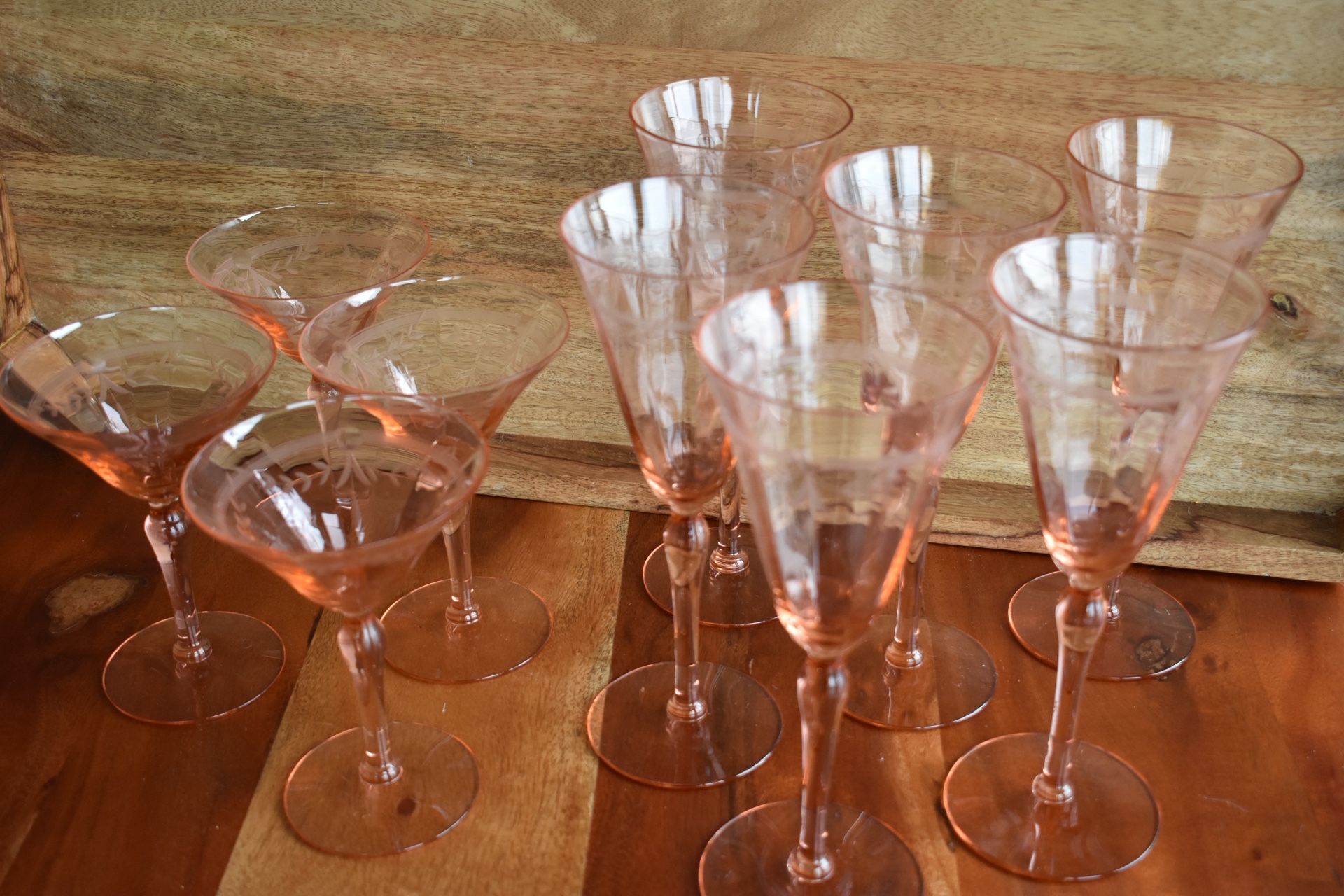 Vintage Pink Tiffin Franciscan Glass Panel Optic Etched Wine and Champagne glasses
