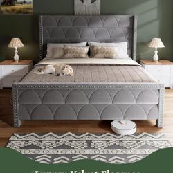 King Size Bed Frame with 56" Headboard - Velvet Upholstered Wingback Platform Bed Frame, Noise Free, Sturdy Wooden Slat Support (Deep Gray, King