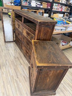 Rustic Farmhouse Dark Wood 6-Drawer Dresser Set with Open Shelves + Matching Nightstand & Mirror